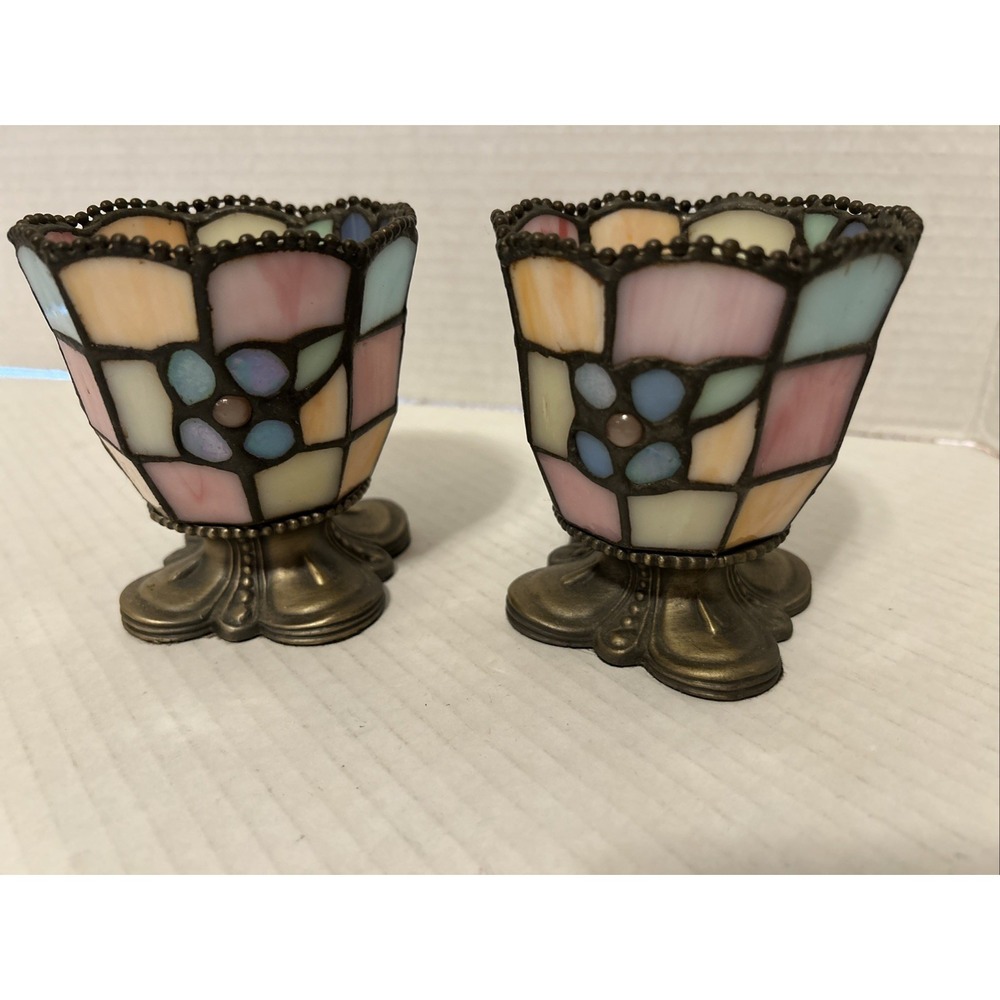 PartyLite Hydrangea Stained Glass Votive Tea Light Candle Holder Set Of 2